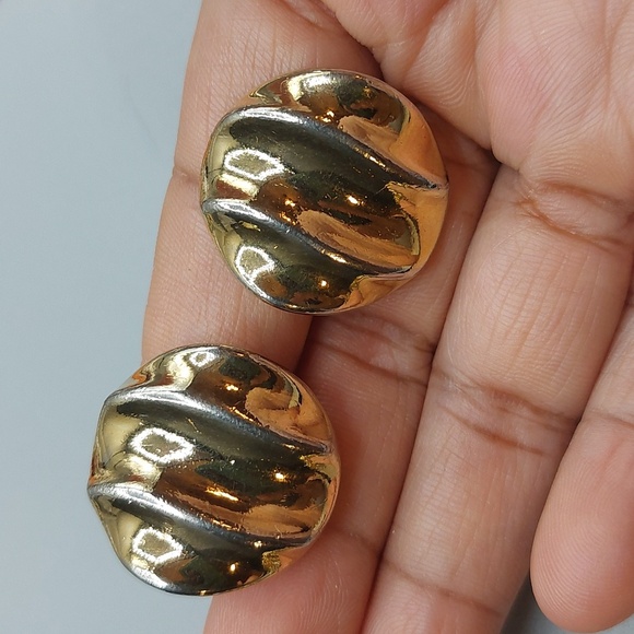 Vintage Jewelry - Vintage Bumpy Ridges Gold Tone with a Hint of Silver Tone Clip On Earrings